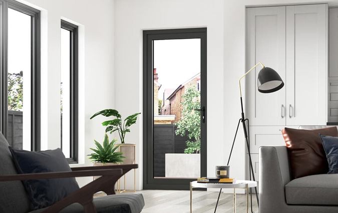 Black framed aluminium window and entrance door