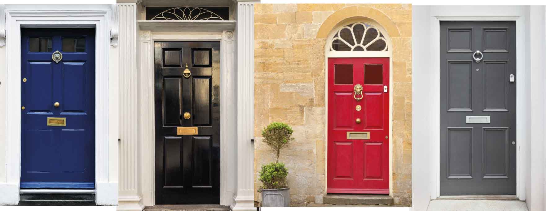 Elegant black and red front doors, Greater London, England, UK