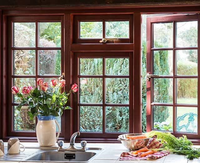 Brown Everest timber casement window in a kitchen