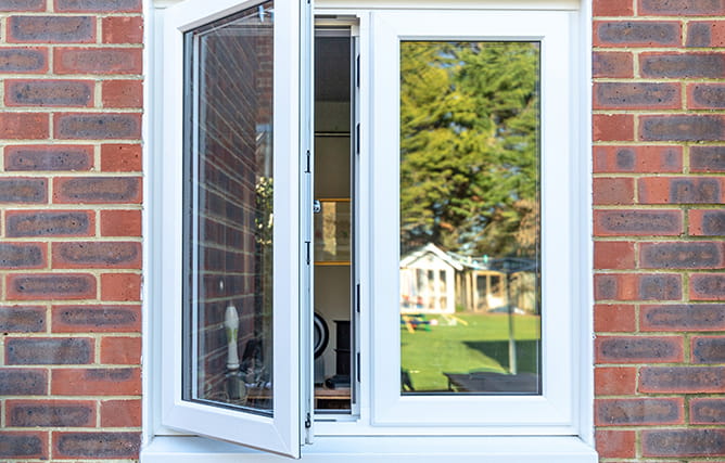 Outside view of a uPVC casement window in white