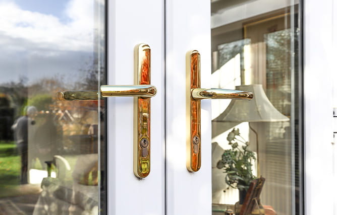 Gold modern door handles on uPVC French Doors