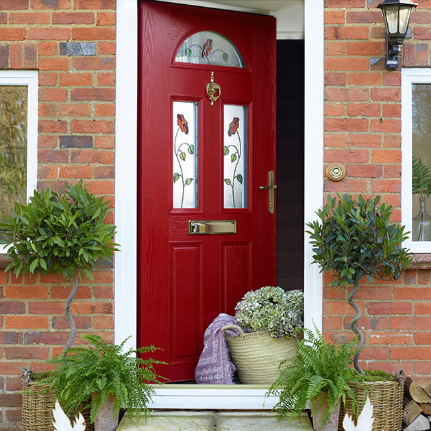 An open red composite front door