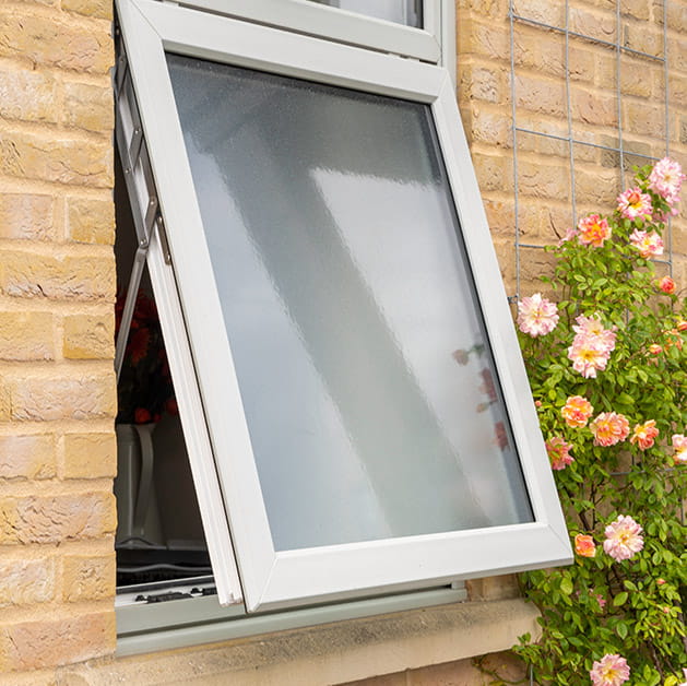 An open grey uPVC window