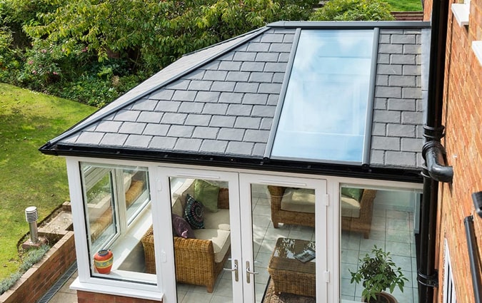 A modern conservatory with a tiled roof