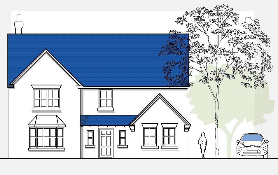Drawing of a house with blue roof and trees