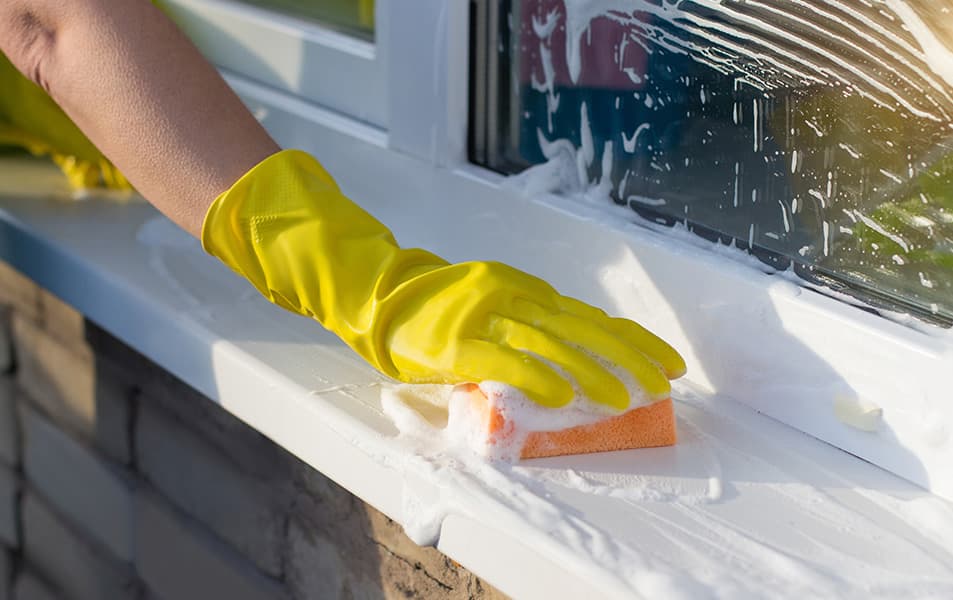Yellow rubber gloves cleaning a window sill with a sponge