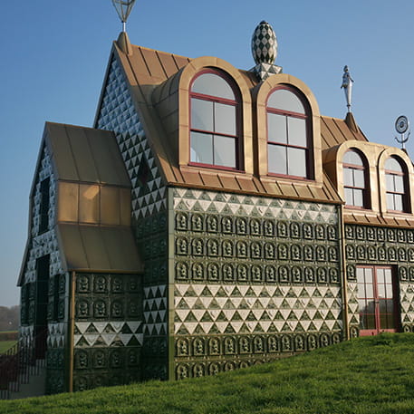 Everest building with patterned green and white tiles