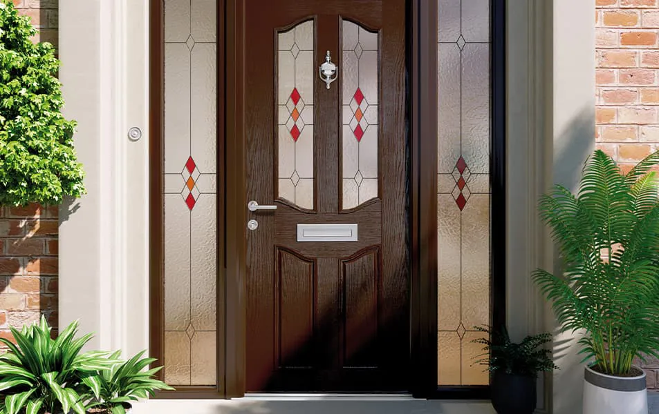 Dark brown Everest conservatory door with decorative leaded glass