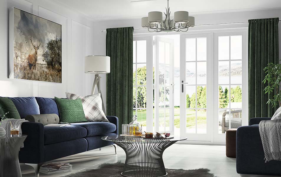 Everest conservatory with dark green velvet curtains and white French doors