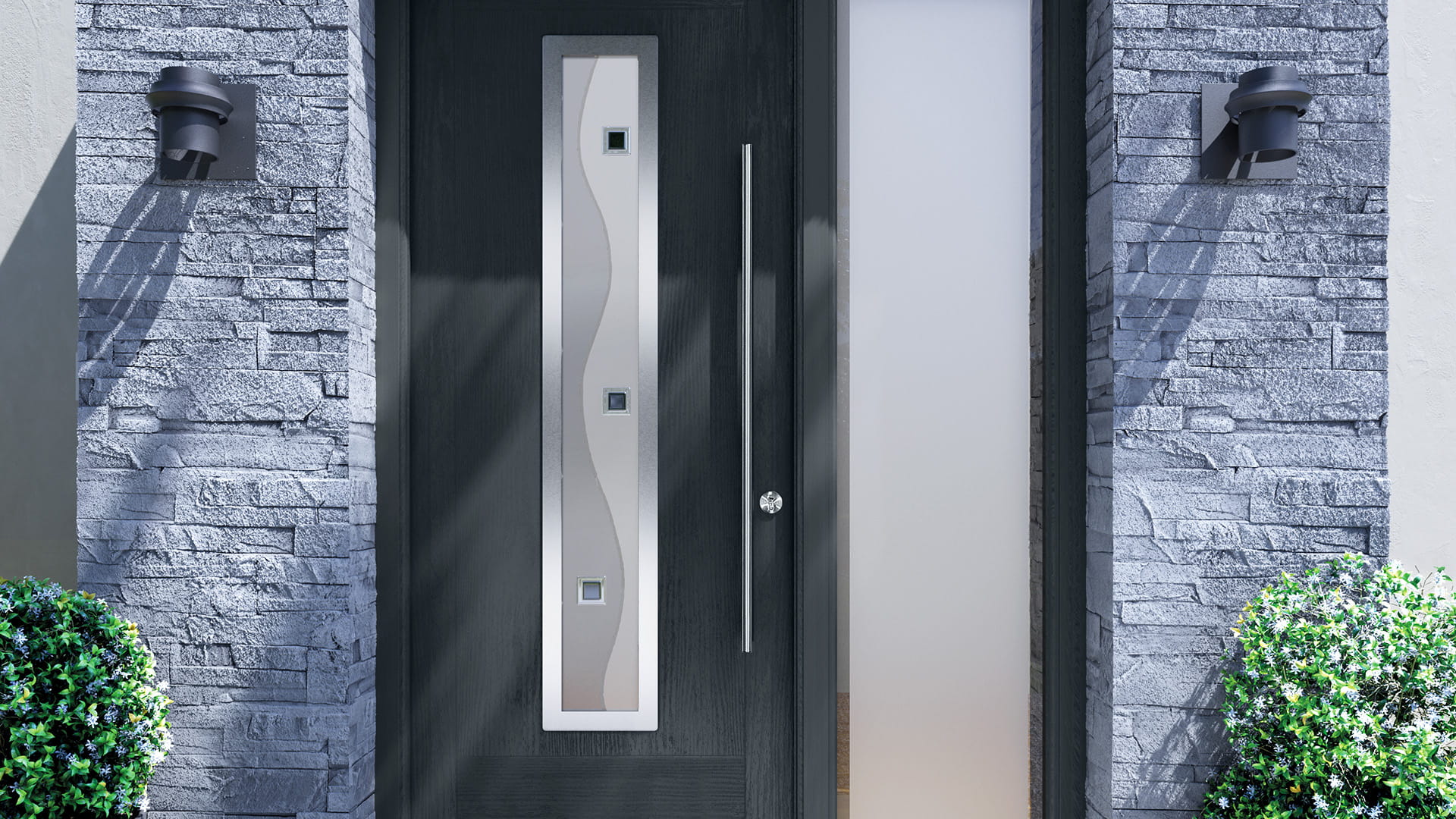Dark gray Everest door with light gray glass panels