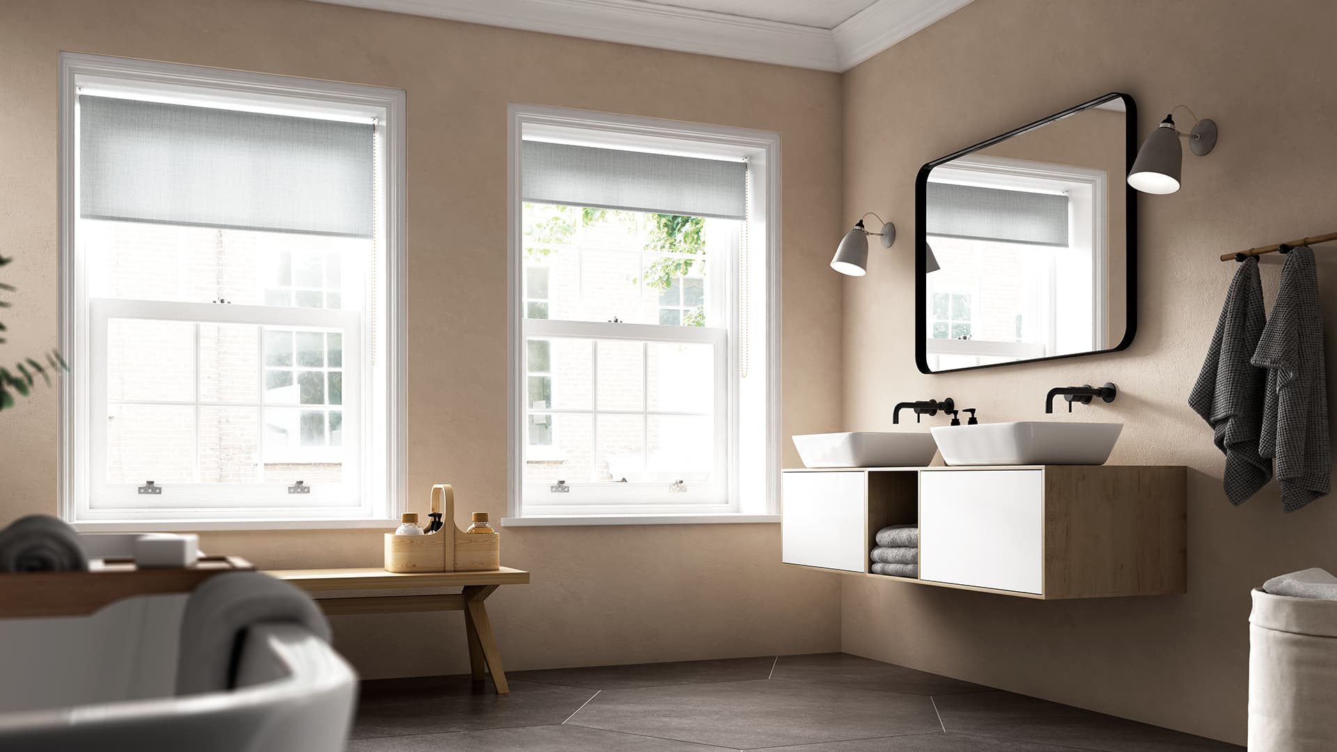 Bathroom with light beige walls light grey roller blinds and white windows