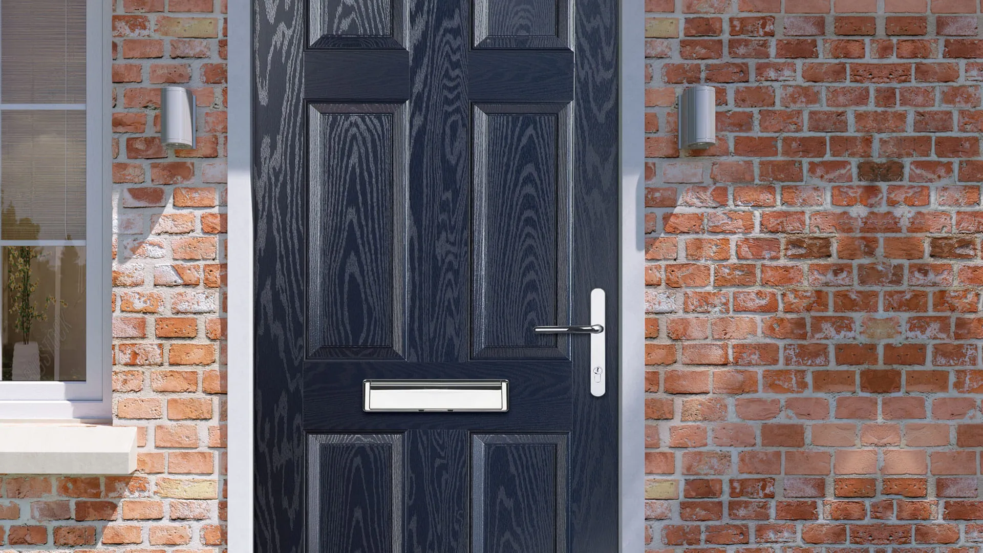 Dark grey composite door with brickwork