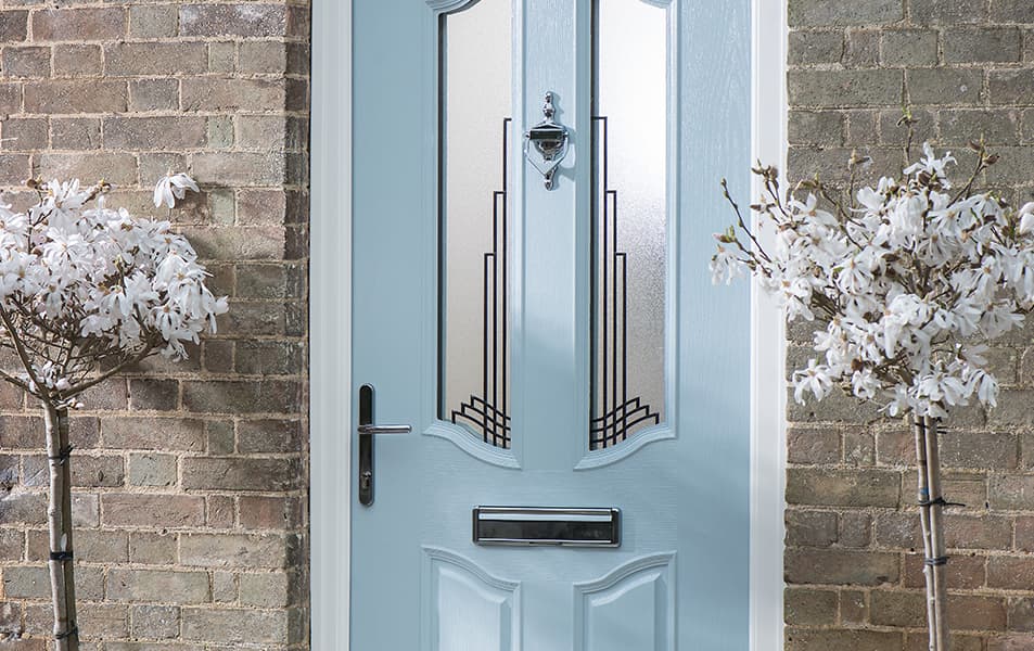 Light blue Everest front door with decorative glass panels