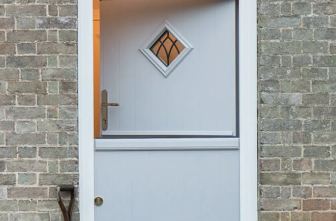 Light gray Everest conservatory door with diamond window