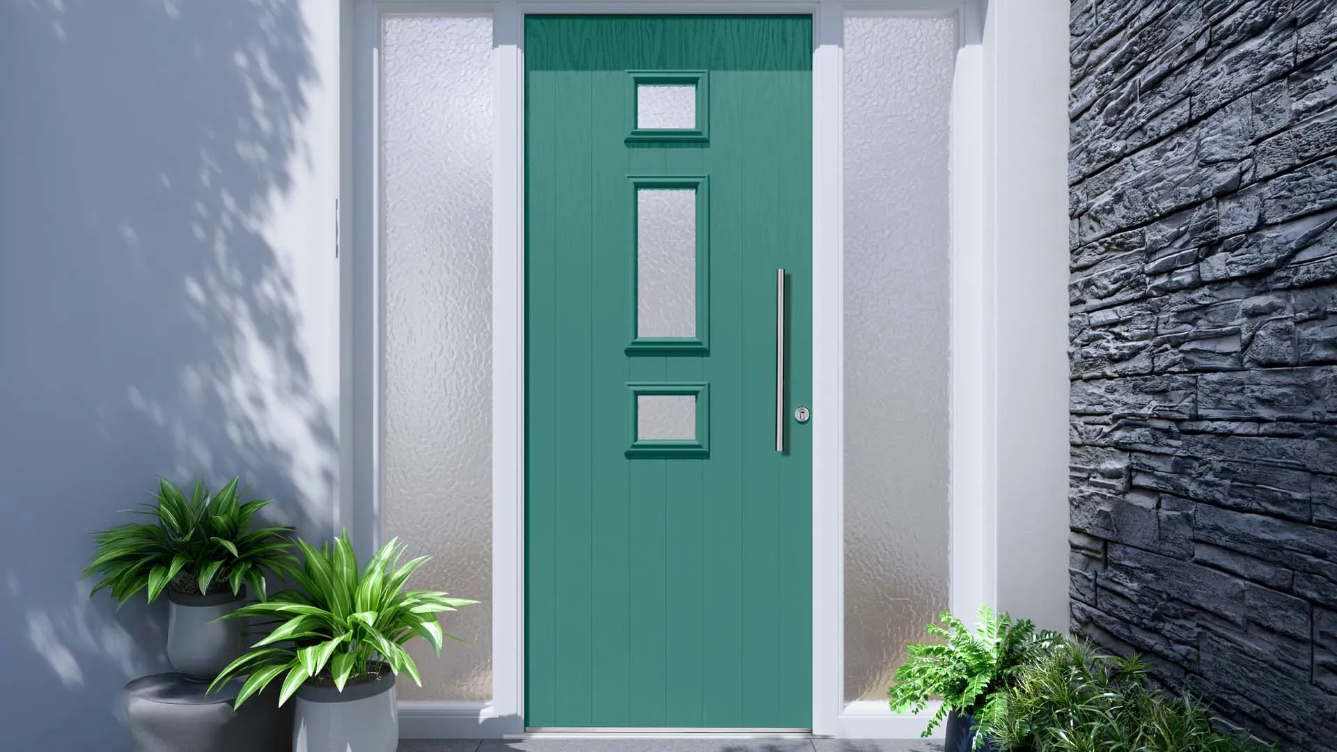 Teal Everest conservatory door with frosted glass and stone wall