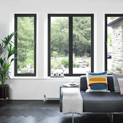 Black framed windows in a room with a view