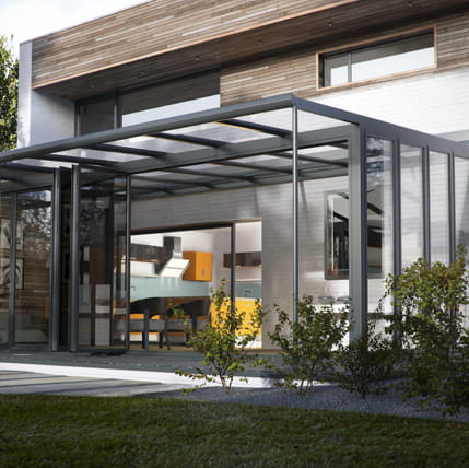 Everest conservatory with grey frame and glass panels
