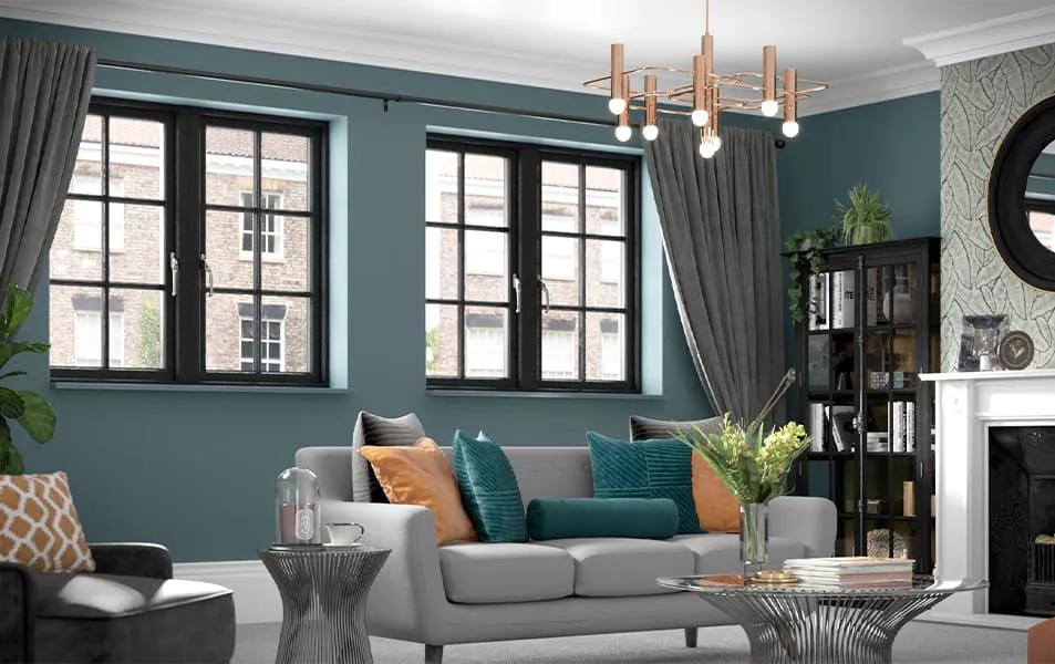 Everest conservatory with teal and orange cushions on a grey sofa