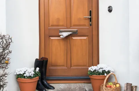 Wooden front door with newspaper in the mailbox