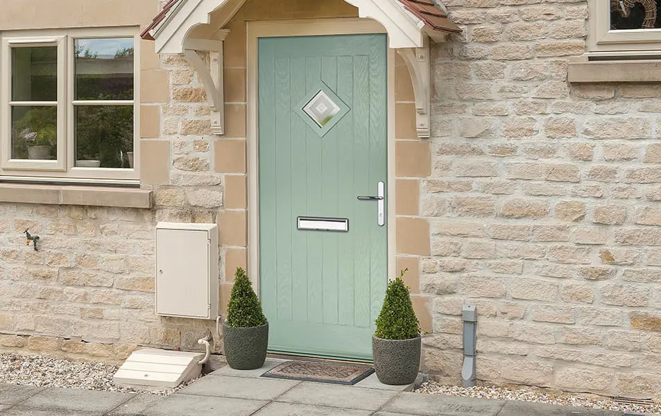 Light sage green Everest conservatory door with diamond window