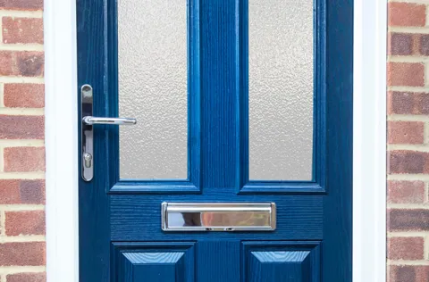 Everest blue door with frosted glass and a silver letterbox