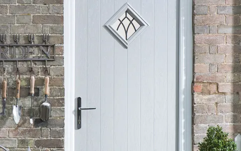 Light gray Everest conservatory door with diamond window