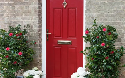 Red door with plants and white flowers