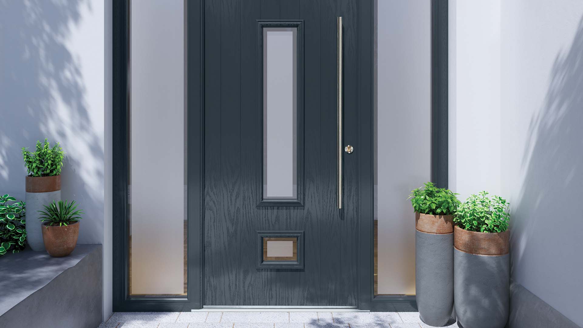 Everest dark gray door with wood grain detail and sidelights