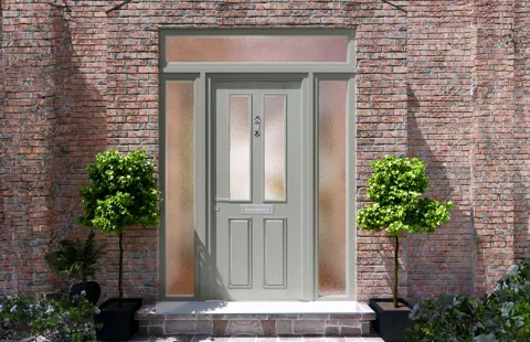 Grey Everest conservatory door with brick wall and plants