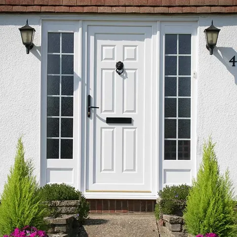 White Everest door with black hardware and panes