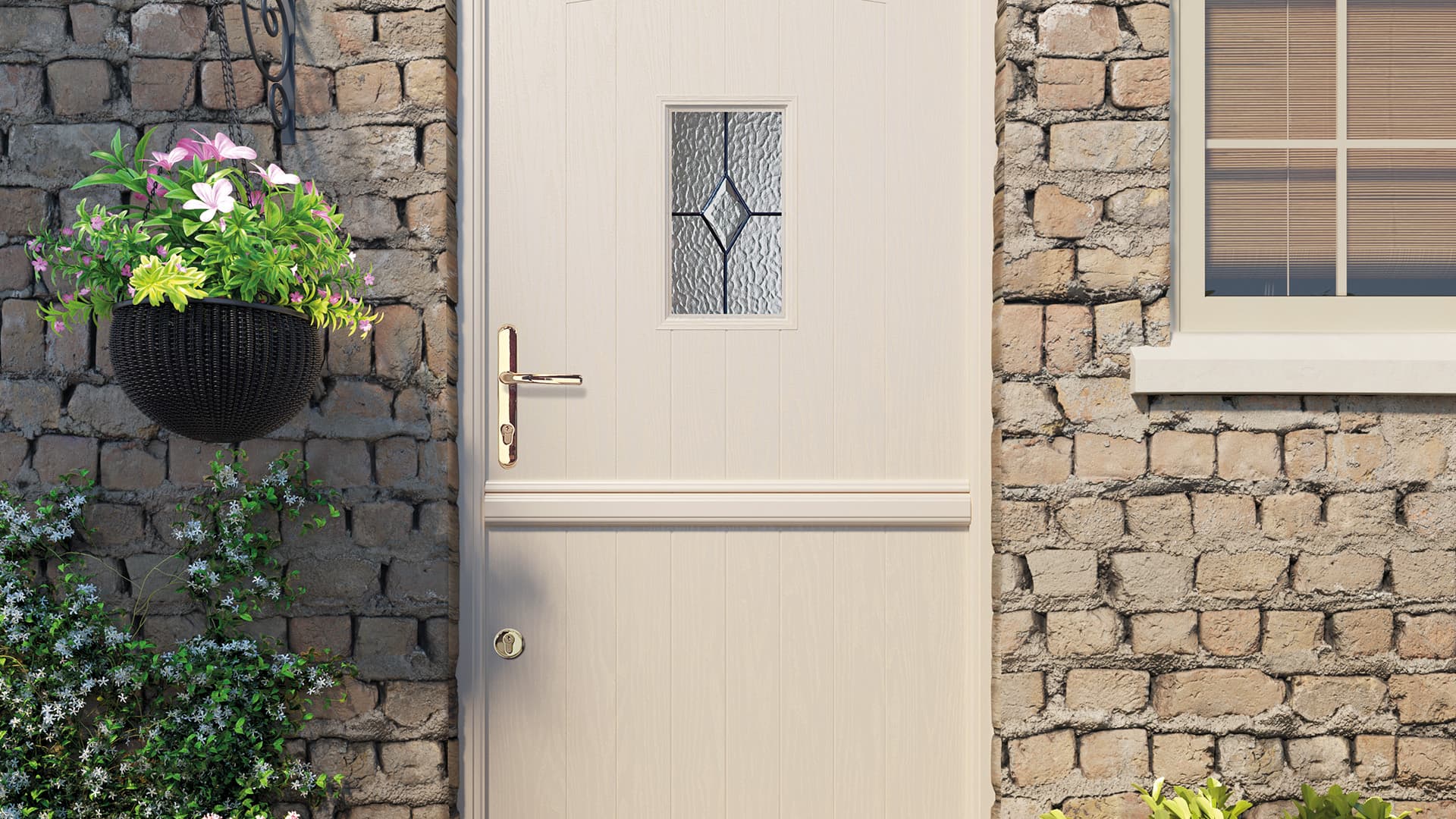 Cream colored Everest conservatory door with diamond leaded glass panel