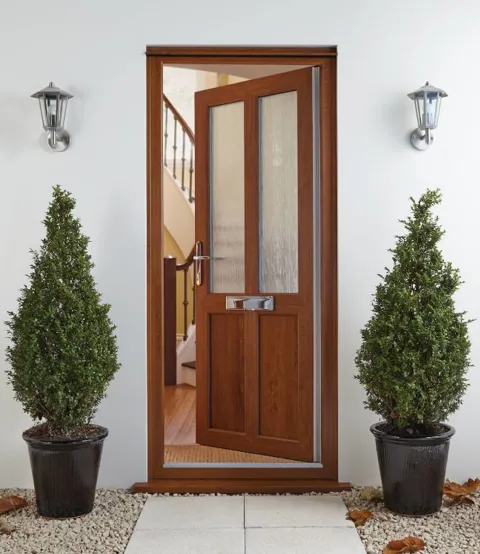 Open brown wooden Everest conservatory door