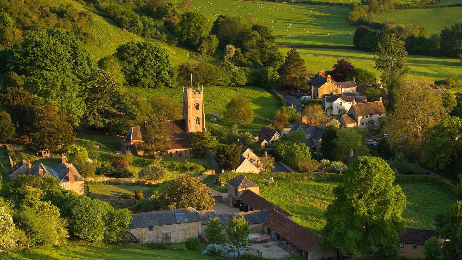 Scenic village nestled in green hills