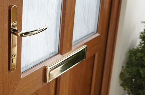 Wooden door with gold hardware and frosted glass
