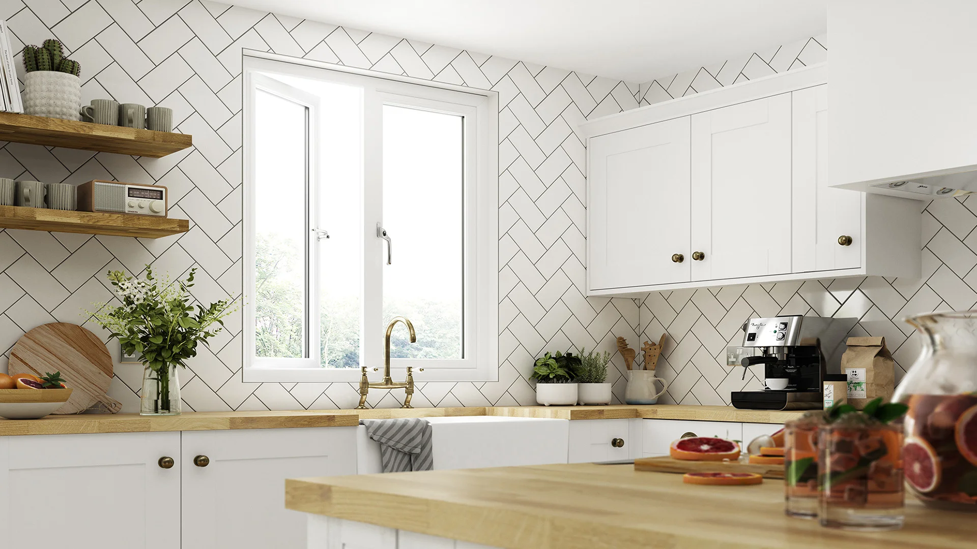 White kitchen with herringbone tile backsplash and wooden countertops