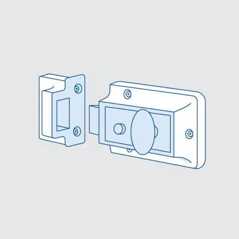 Door latch illustration in light blue outline