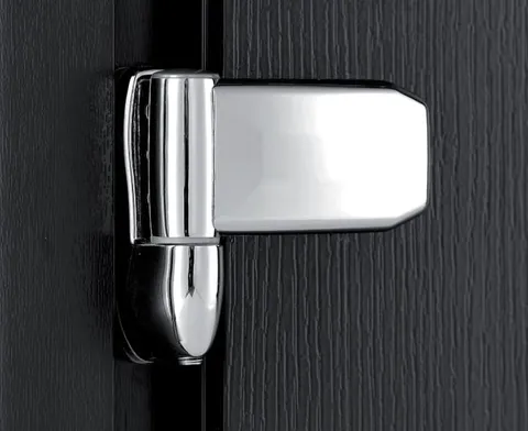 Chrome door hinge on black door