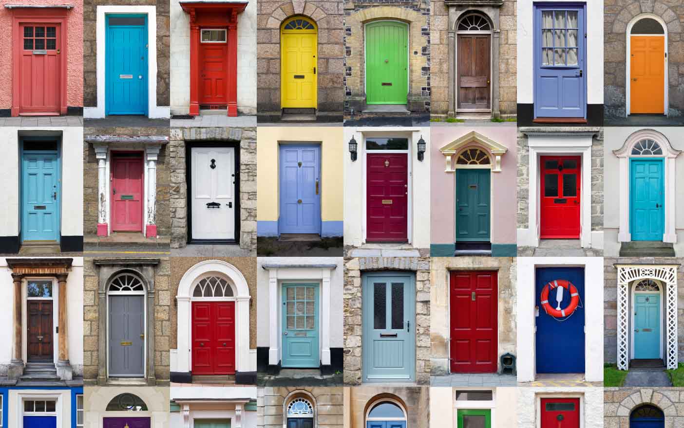 Variety of colorful doors on different houses