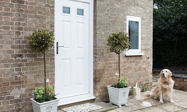 White door with plants and a dog outside an Everest conservatory