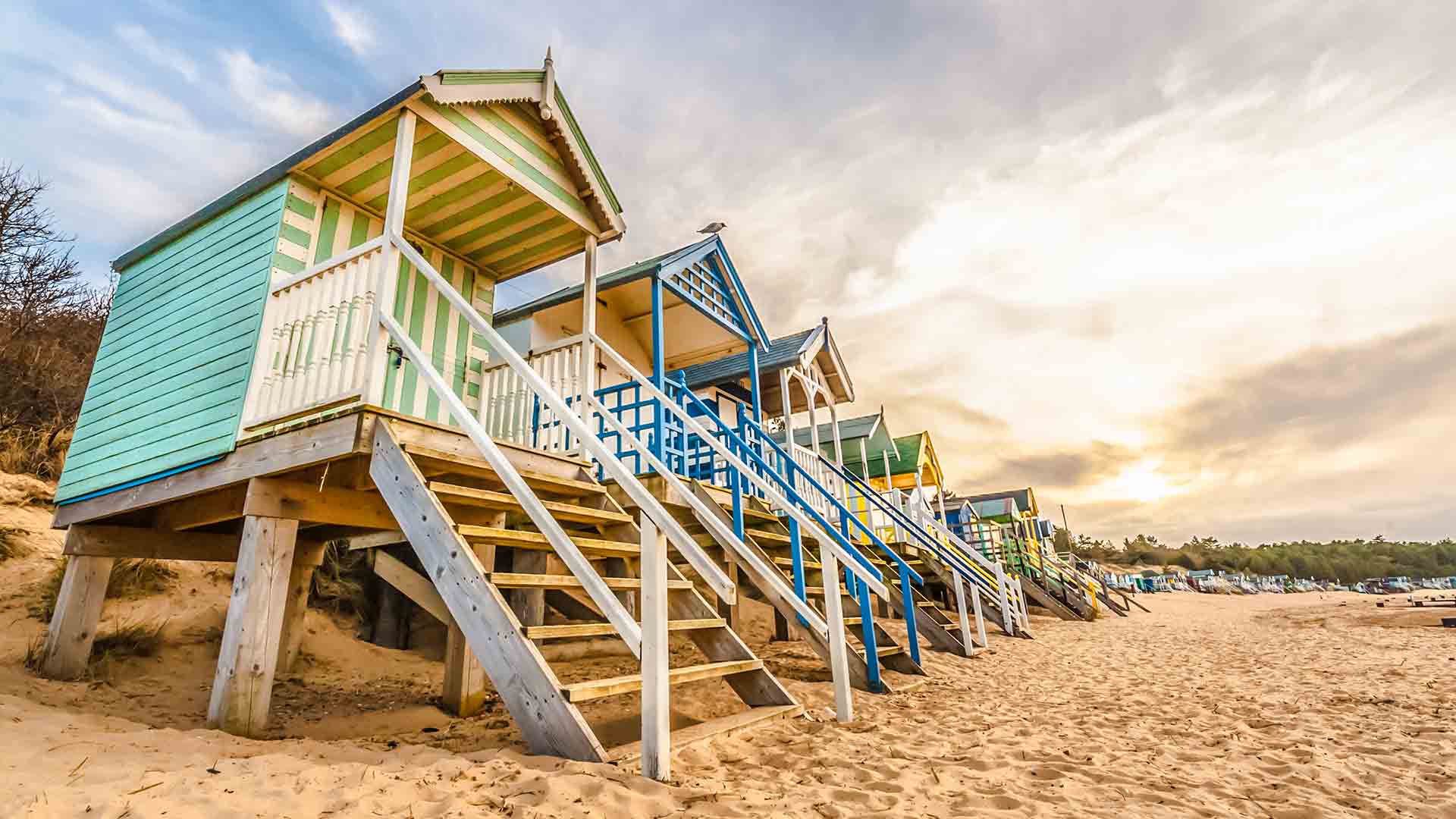 Colorful beach huts on sandy beach