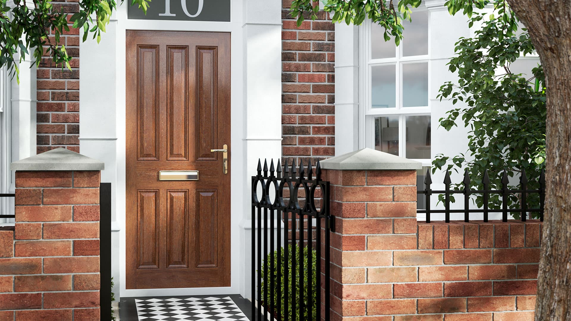 Brown door and brick exterior with black metal fence