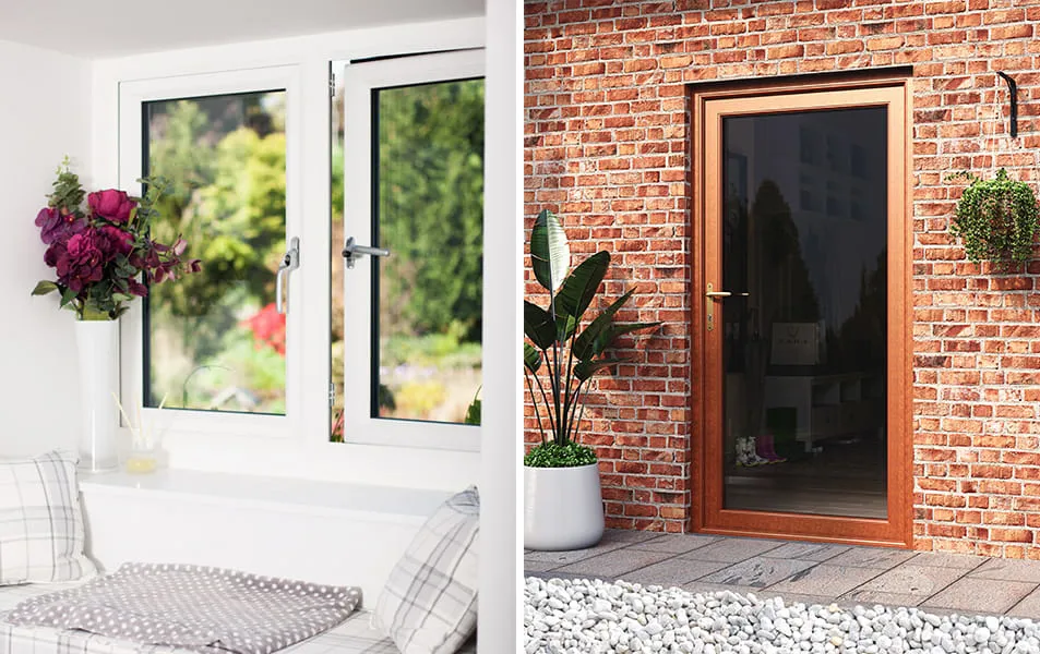 White Everest windows and a copper-colored door on a brick exterior