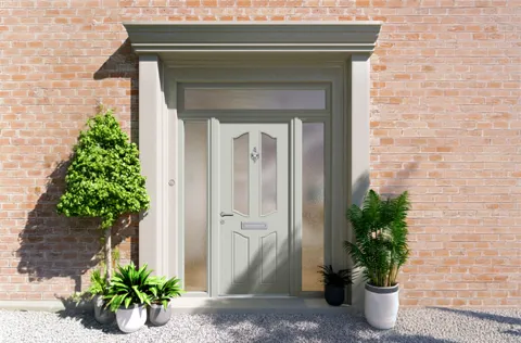Light gray Everest conservatory door with frosted glass and plants