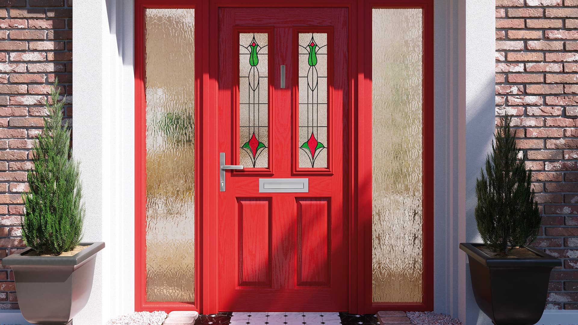 Red door with decorative glass panels